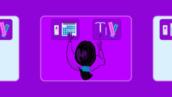 Purple background with a woman in the middle from a birds-eye-view. She has 2 hands reaching out, on one side is hormonal contraception and the other natural, apps and a calendar for tracking period