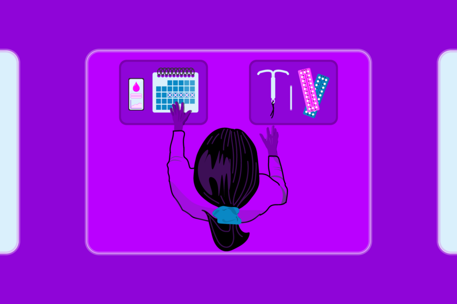 Purple background with a woman in the middle from a birds-eye-view. She has 2 hands reaching out, on one side is hormonal contraception and the other natural, apps and a calendar for tracking period