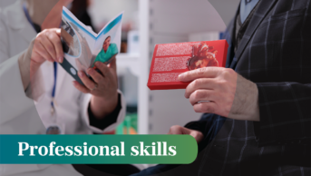 Image showing an elderly man having a pharmacy consultation. In the foreground are the words