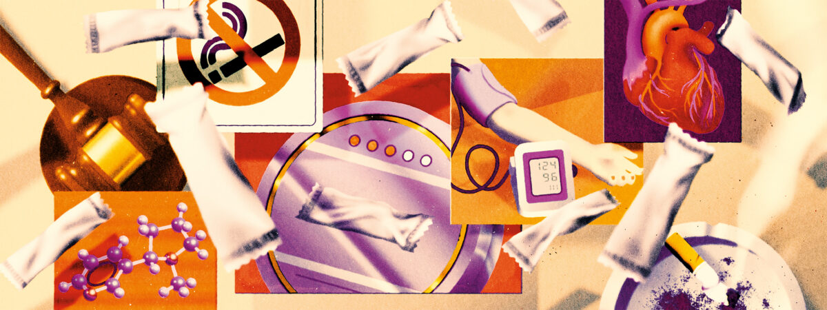 Image showing oral nicotine pouches floating around panels depicting a no smoking sign, blood pressure monitoring, ash tray with smoking cigarette butt, gavel