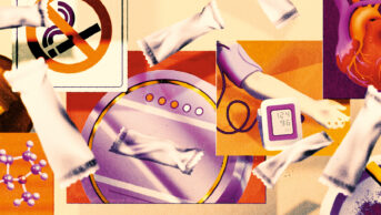 Image showing oral nicotine pouches floating around panels depicting a no smoking sign, blood pressure monitoring, ash tray with smoking cigarette butt, gavel