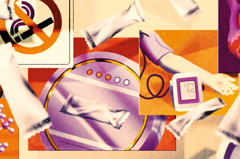 Image showing oral nicotine pouches floating around panels depicting a no smoking sign, blood pressure monitoring, ash tray with smoking cigarette butt, gavel