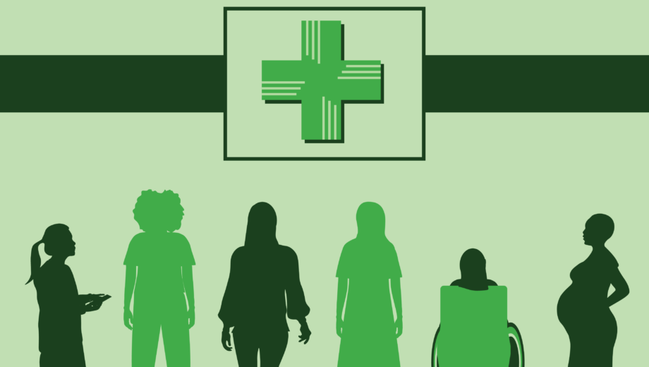 Green pharmacy cross on a light green background with silhouettes of women beneath