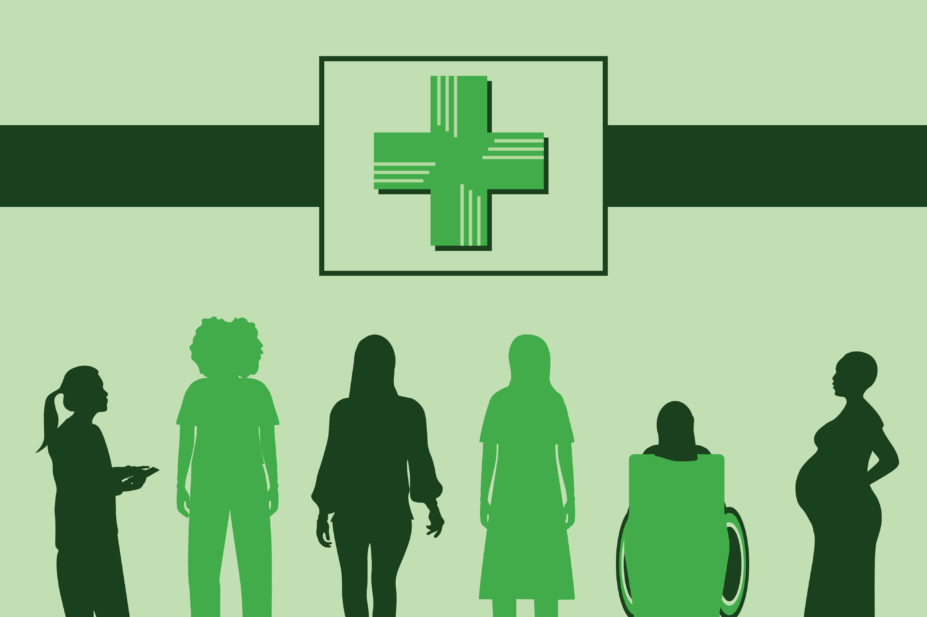 Green pharmacy cross on a light green background with silhouettes of women beneath