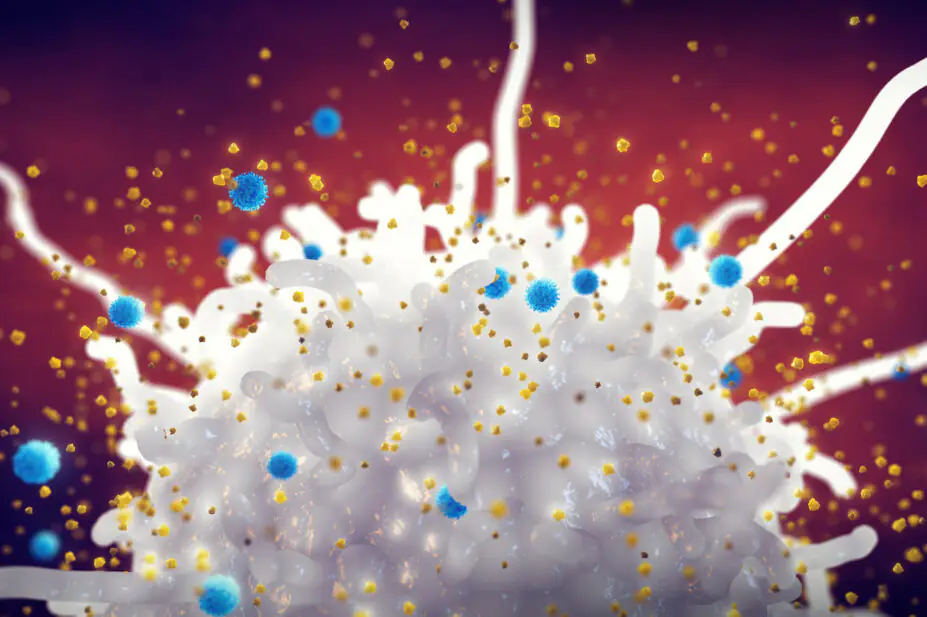 Blue circular cytokines released from white mass with a red and brown background