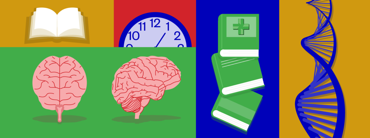 Different panels with books, brains, clocks, pharmacy textbooks and DNA helix in yellows greens, blues and reds