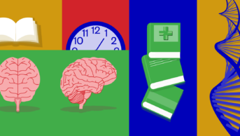 Different panels with books, brains, clocks, pharmacy textbooks and DNA helix in yellows greens, blues and reds