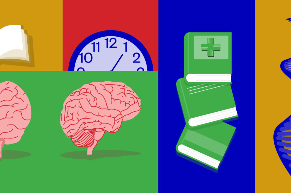 Different panels with books, brains, clocks, pharmacy textbooks and DNA helix in yellows greens, blues and reds