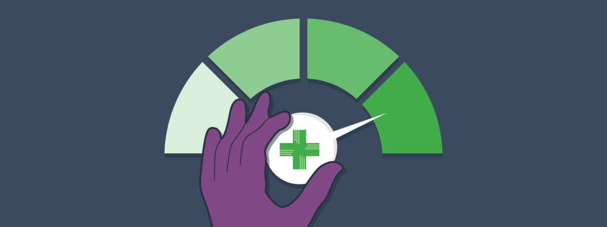 Purple hand turns a pharmacy green dial, the arrow pointing to the rightmost segment