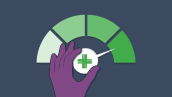 Purple hand turns a pharmacy green dial, the arrow pointing to the rightmost segment