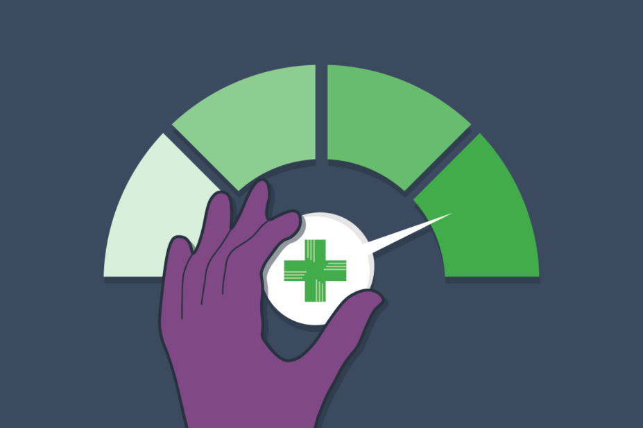 Purple hand turns a pharmacy green dial, the arrow pointing to the rightmost segment