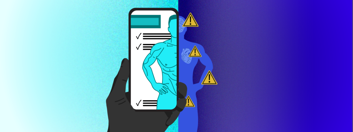 Left side in turquoise with a hand holding a phone on screen a TRT advert shows a muscled man. On the right side in darker blue shows a silhouette of a man with warning signs around the body including by the head and heart