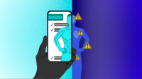 Left side in turquoise with a hand holding a phone on screen a TRT advert shows a muscled man. On the right side in darker blue shows a silhouette of a man with warning signs around the body including by the head and heart
