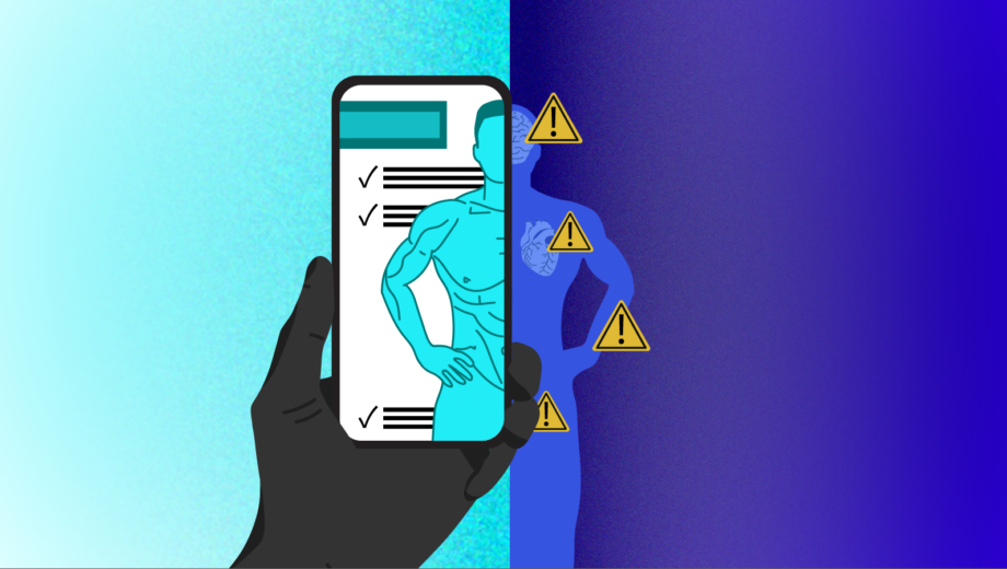 Left side in turquoise with a hand holding a phone on screen a TRT advert shows a muscled man. On the right side in darker blue shows a silhouette of a man with warning signs around the body including by the head and heart
