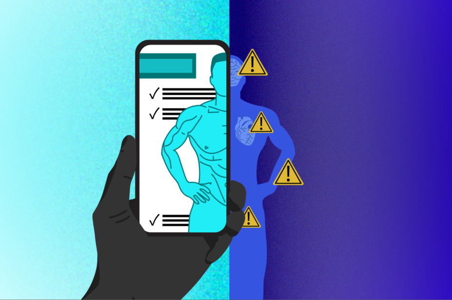 Left side in turquoise with a hand holding a phone on screen a TRT advert shows a muscled man. On the right side in darker blue shows a silhouette of a man with warning signs around the body including by the head and heart