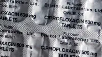 A closeup of a packet of ciprofloxacin tablets