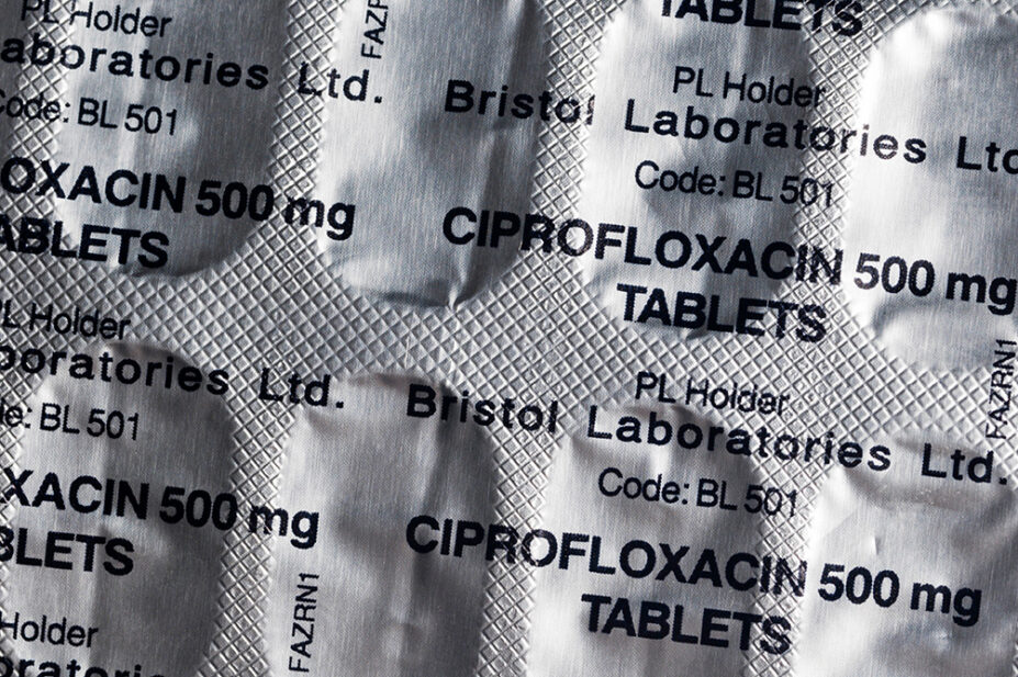 A closeup of a packet of ciprofloxacin tablets
