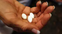 A woman holds three gabapentinoid tablets in her hand