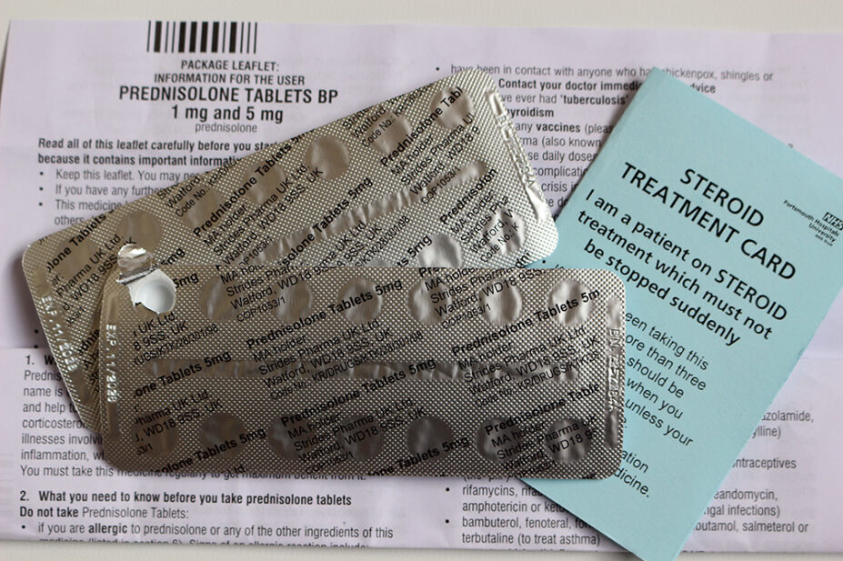 Blister packs of Prednisolone tablets, information leaflet and steroid card
