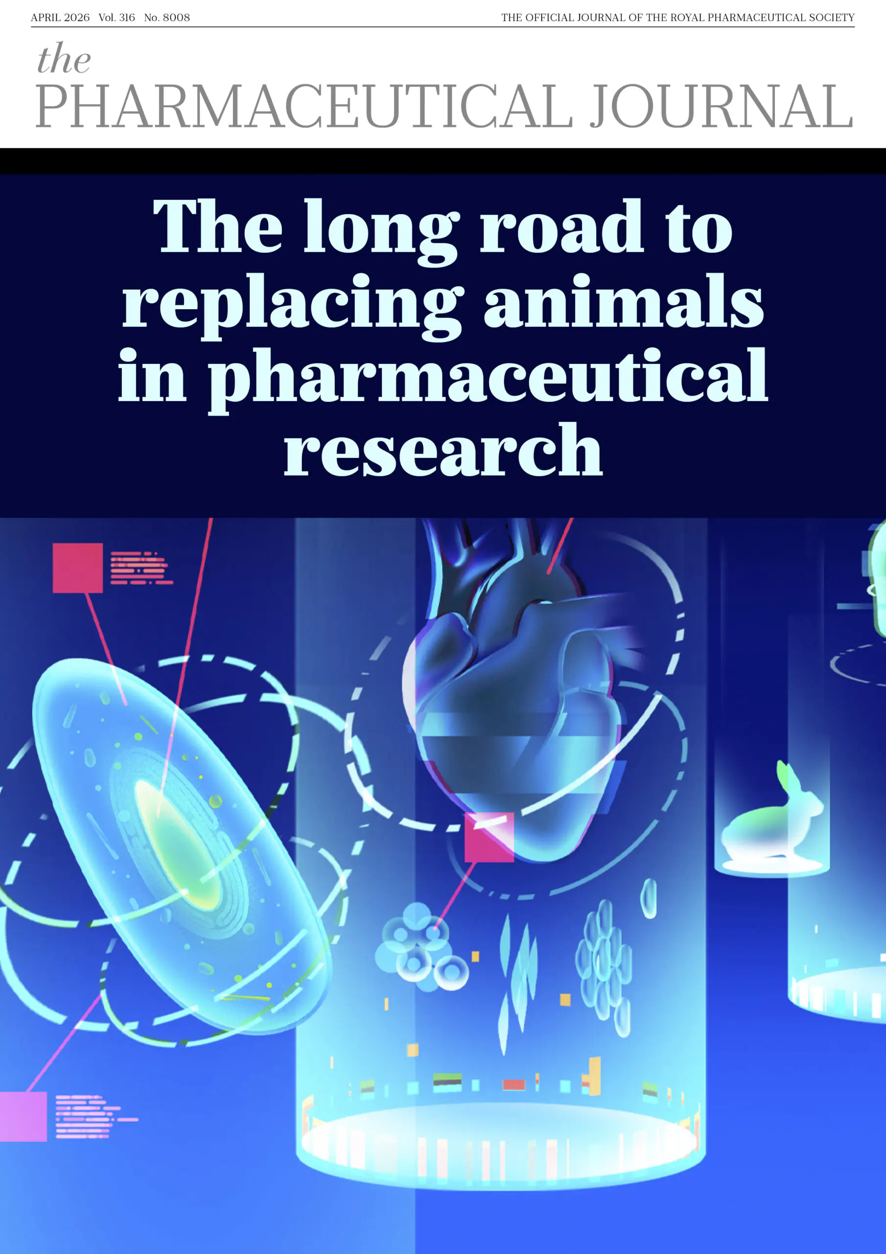April 2026 issue cover, with illustration about animal testing showing organoids, AI usage and cells with text 