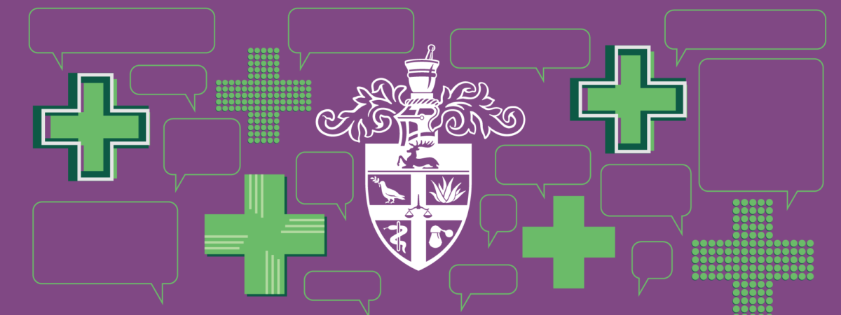 Purple background with RCPharm logo in white surrounded by different styles of green pharmacy crosses and speech bubbles