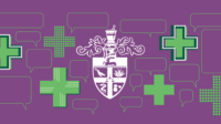 Purple background with RCPharm logo in white surrounded by different styles of green pharmacy crosses and speech bubbles