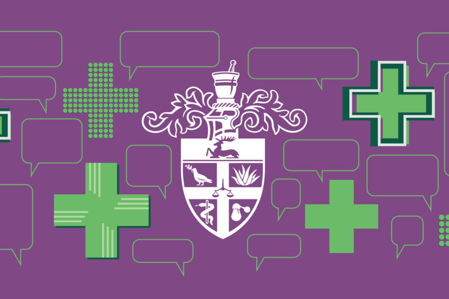 Purple background with RCPharm logo in white surrounded by different styles of green pharmacy crosses and speech bubbles