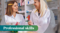 Two pharmacists at the cash desk of pharmacy store having a discussion