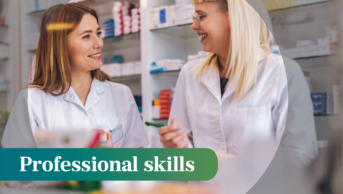 Two pharmacists at the cash desk of pharmacy store having a discussion