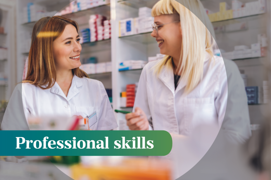 Two pharmacists at the cash desk of pharmacy store having a discussion
