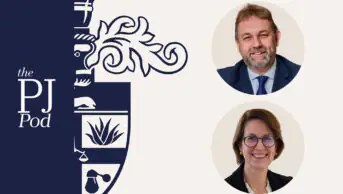 Paul and Karen roundels against a light brown background with the royal college of pharmacy logo and PJ pod logo