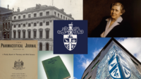 A collage of images of RCPharm, including the original building, painting of first female president, early editions and the current building