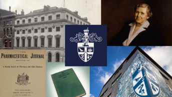 A collage of images of RCPharm, including the original building, painting of first female president, early editions and the current building