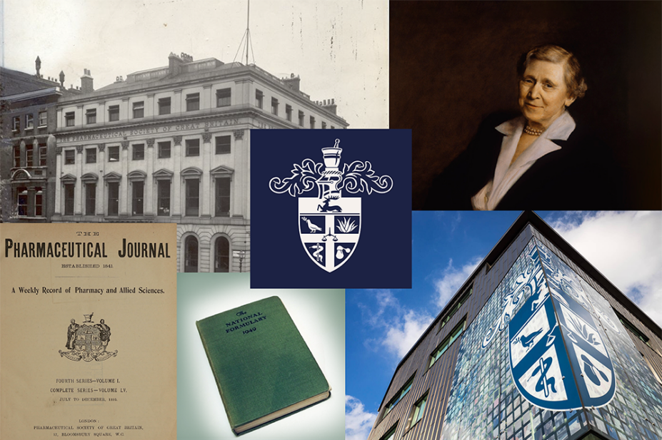 A collage of images of RCPharm, including the original building, painting of first female president, early editions and the current building