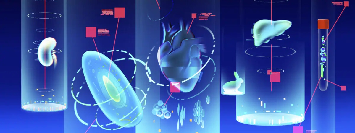 Blue background with organoids, 3d cell structures and AI avenues for animal testing, a small white rabbit