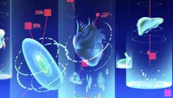 Blue background with organoids, 3d cell structures and AI avenues for animal testing, a small white rabbit