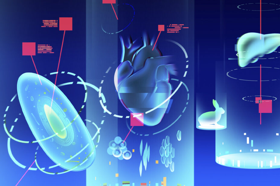 Blue background with organoids, 3d cell structures and AI avenues for animal testing, a small white rabbit