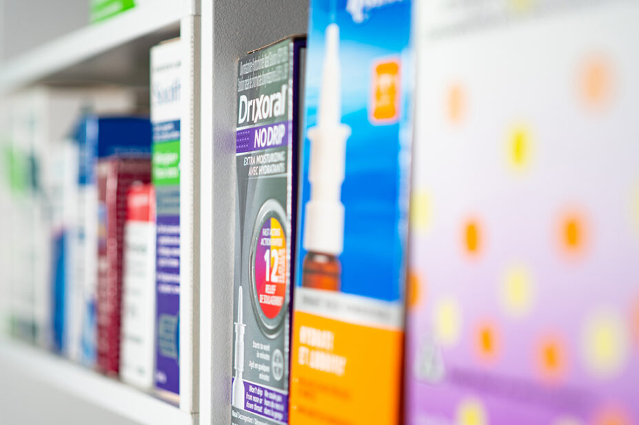 Shelf of allergy treatments in pharmacy