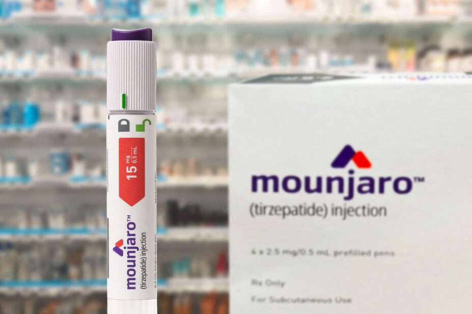 An image of a Mounjaro injection pen on a pharmacy counter