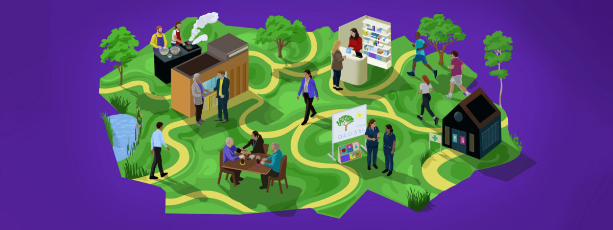 Purple background with green neighbourhood on top. Yellow roads connect different parts of the neighbourhood. There is a pharmacy, joggers, pharmacist doing a blood pressure test in a pub, cooks, a pharmacy buildling