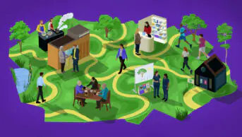 Purple background with green neighbourhood on top. Yellow roads connect different parts of the neighbourhood. There is a pharmacy, joggers, pharmacist doing a blood pressure test in a pub, cooks, a pharmacy buildling