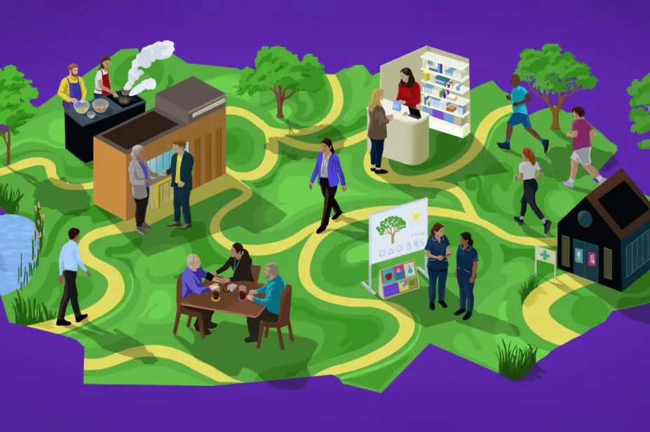 Purple background with green neighbourhood on top. Yellow roads connect different parts of the neighbourhood. There is a pharmacy, joggers, pharmacist doing a blood pressure test in a pub, cooks, a pharmacy buildling