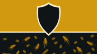 Yellow background, black shield holding back bacteria, in round shape and elongated with pilae and flagella