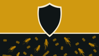 Yellow background, black shield holding back bacteria, in round shape and elongated with pilae and flagella