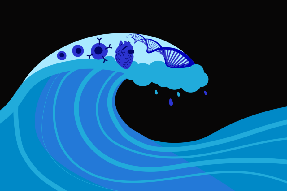 Black background with big wave, CAR T cells, heart and DNA helix