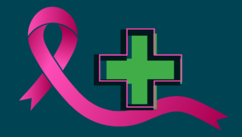 Grey background with pink ribbon and pharmacy cross
