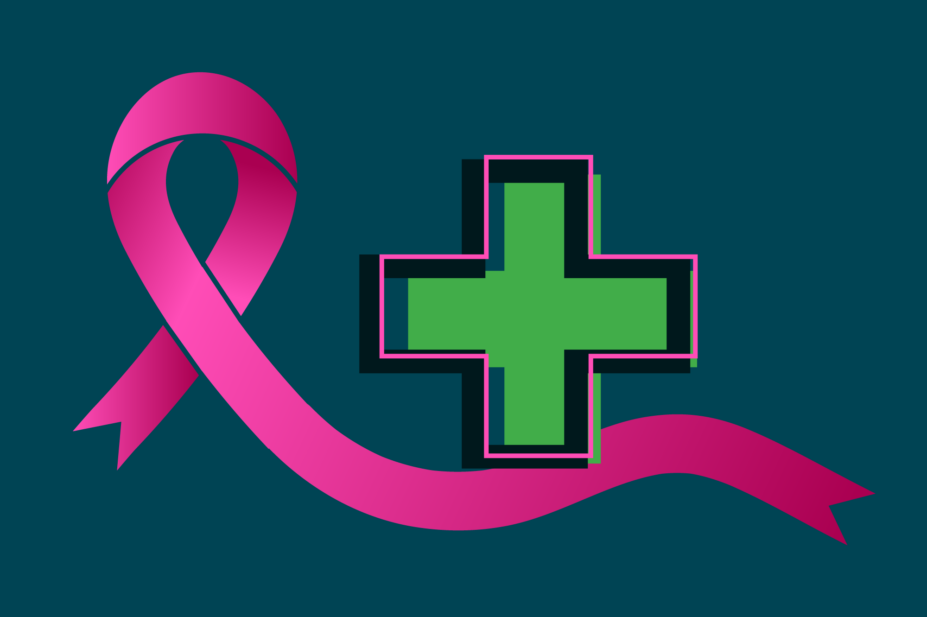Grey background with pink ribbon and pharmacy cross