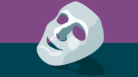 Purple background, grey table with a white/grey mask on top with a forced smile
