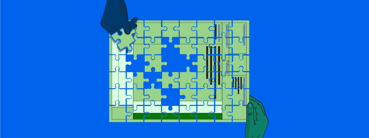 Blue background with hands reaching out holding puzzle piece and hand holding a puzzle perscription