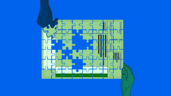 Blue background with hands reaching out holding puzzle piece and hand holding a puzzle perscription